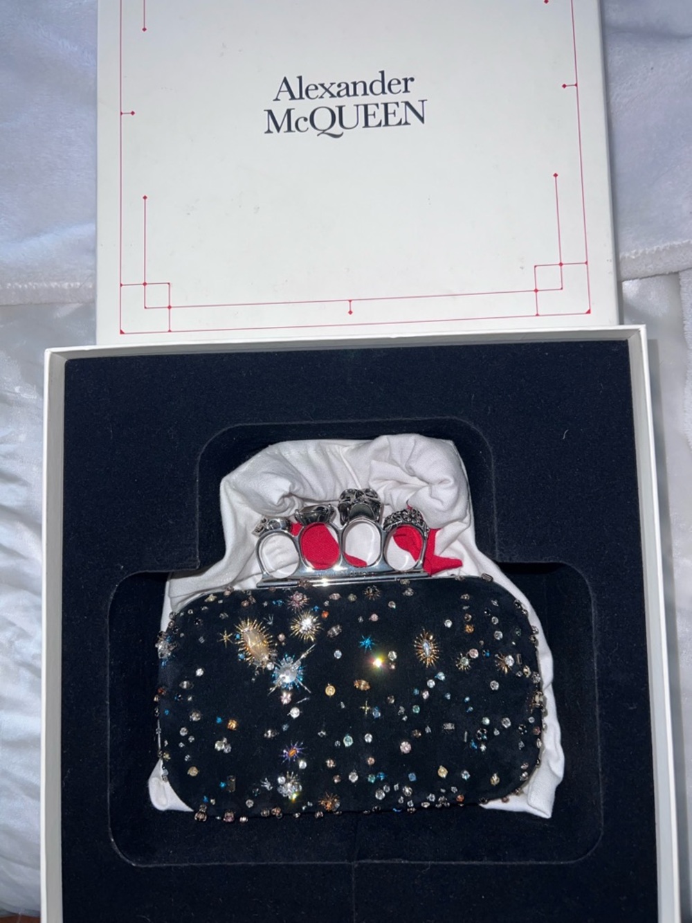 🪐 Alexander McQueen Skull Four Ring Celestial Embellished Suede Box Clutch - Picture 5 of 8